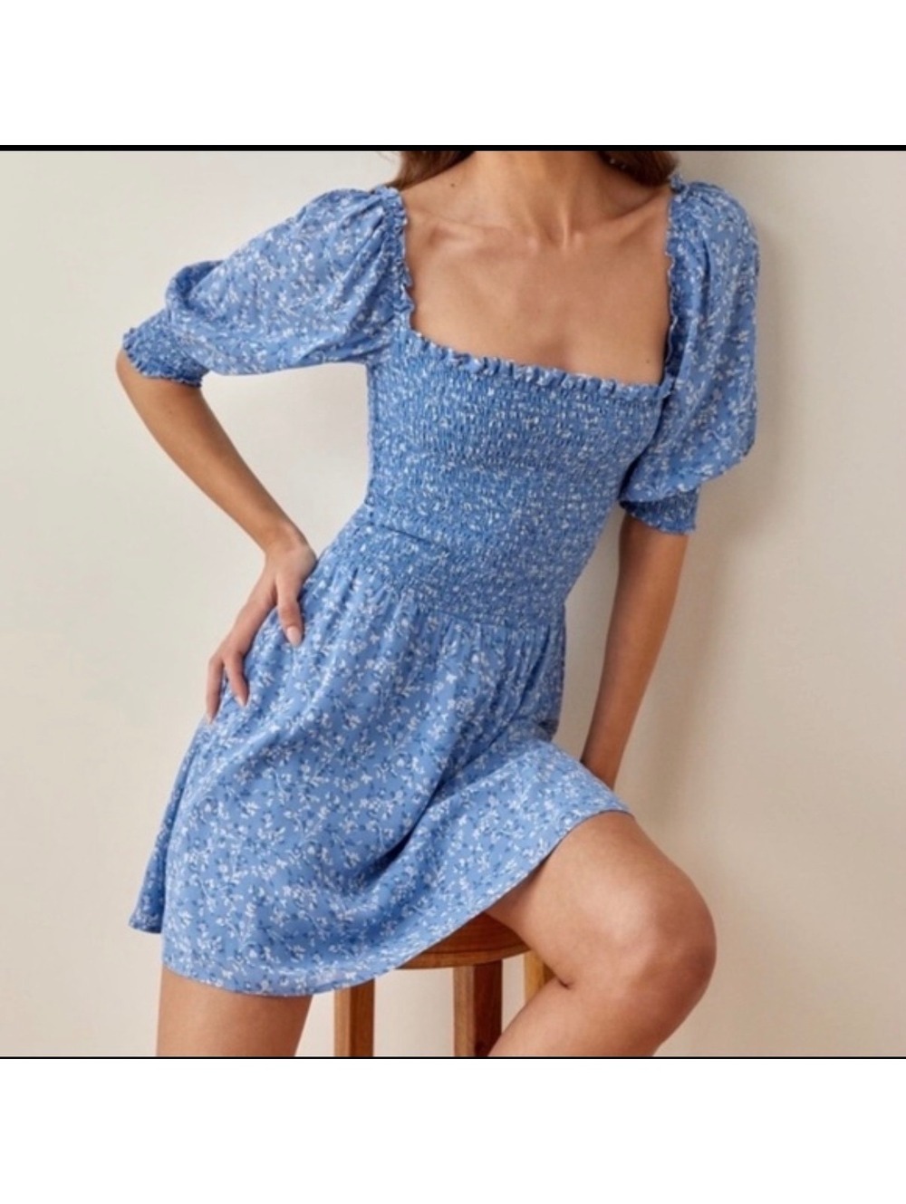 Reformation Elle Blue Floral Smocked Puff Sleeve Mini Dress Size 8